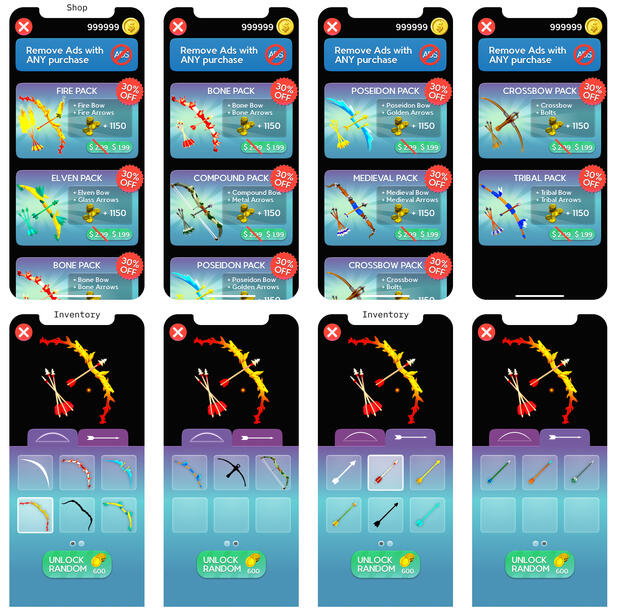 A fully realized asset package for a fantasy archery game. It was never released, but the parts and pieces were complete and usable. Everything shown is original, UI elements made in Figma; bows and arrows modeled in Modo.