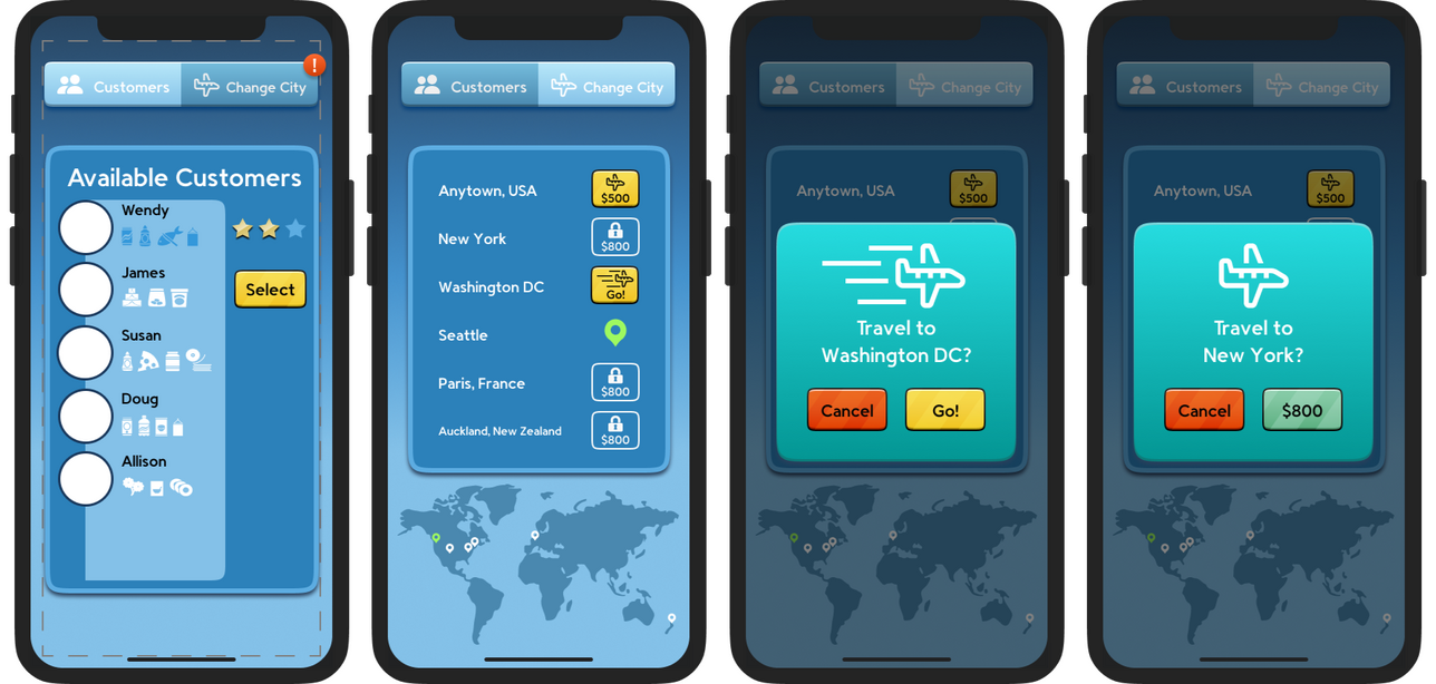 UI designs for a delivery-themed mobile game. Made in Figma.