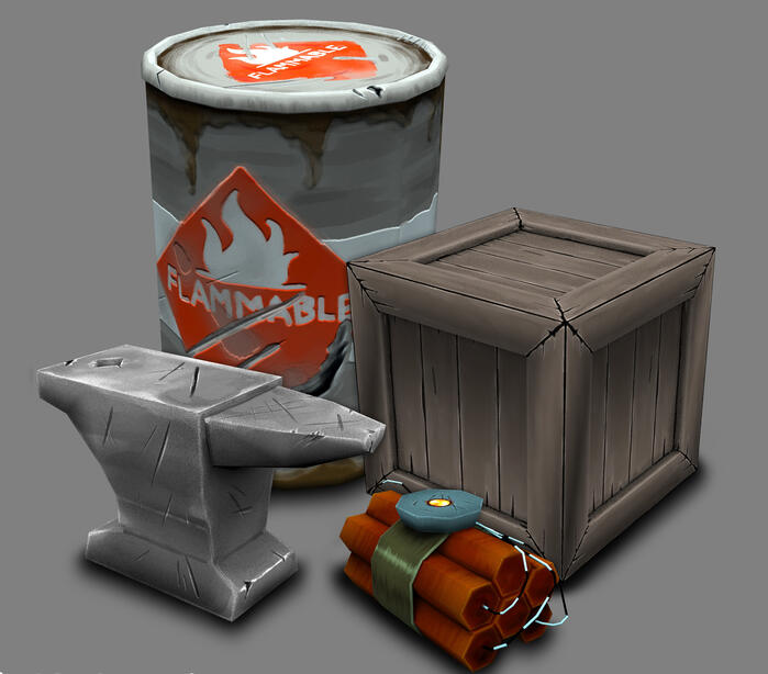 Game assets with a painted texturing style, made as a proof of concept. Modeled in Modo, textured in Photoshop.