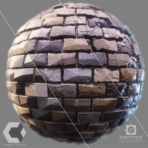The material includes dynamic crack and wear options controlled by sliders. Rendered using Marmoset Toolbag 3.