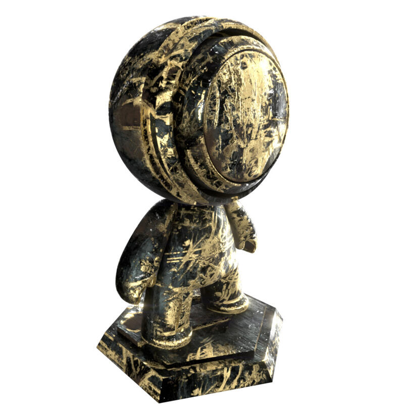 Weathered metal with heavily damaged gold gilding. Mesh from Substance Share. Rendered in IRay.