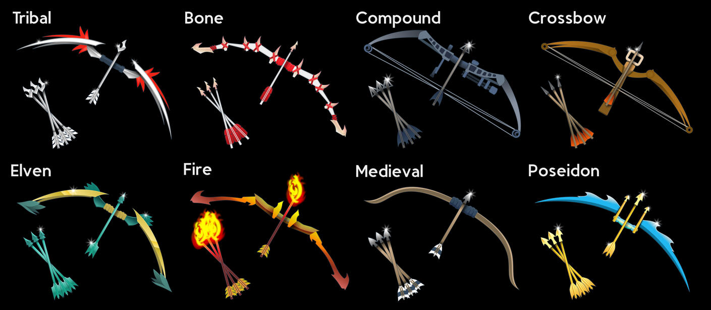 2D bow and arrow assets for a fantasy archery game.