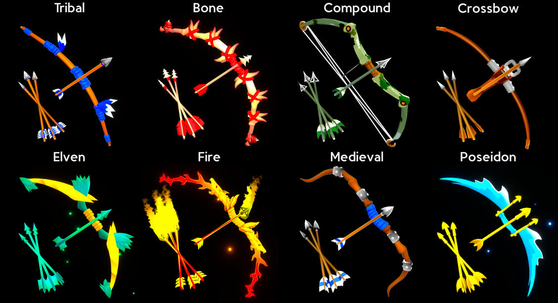 3D versions of the bow and arrow assets for a fantasy archery game.