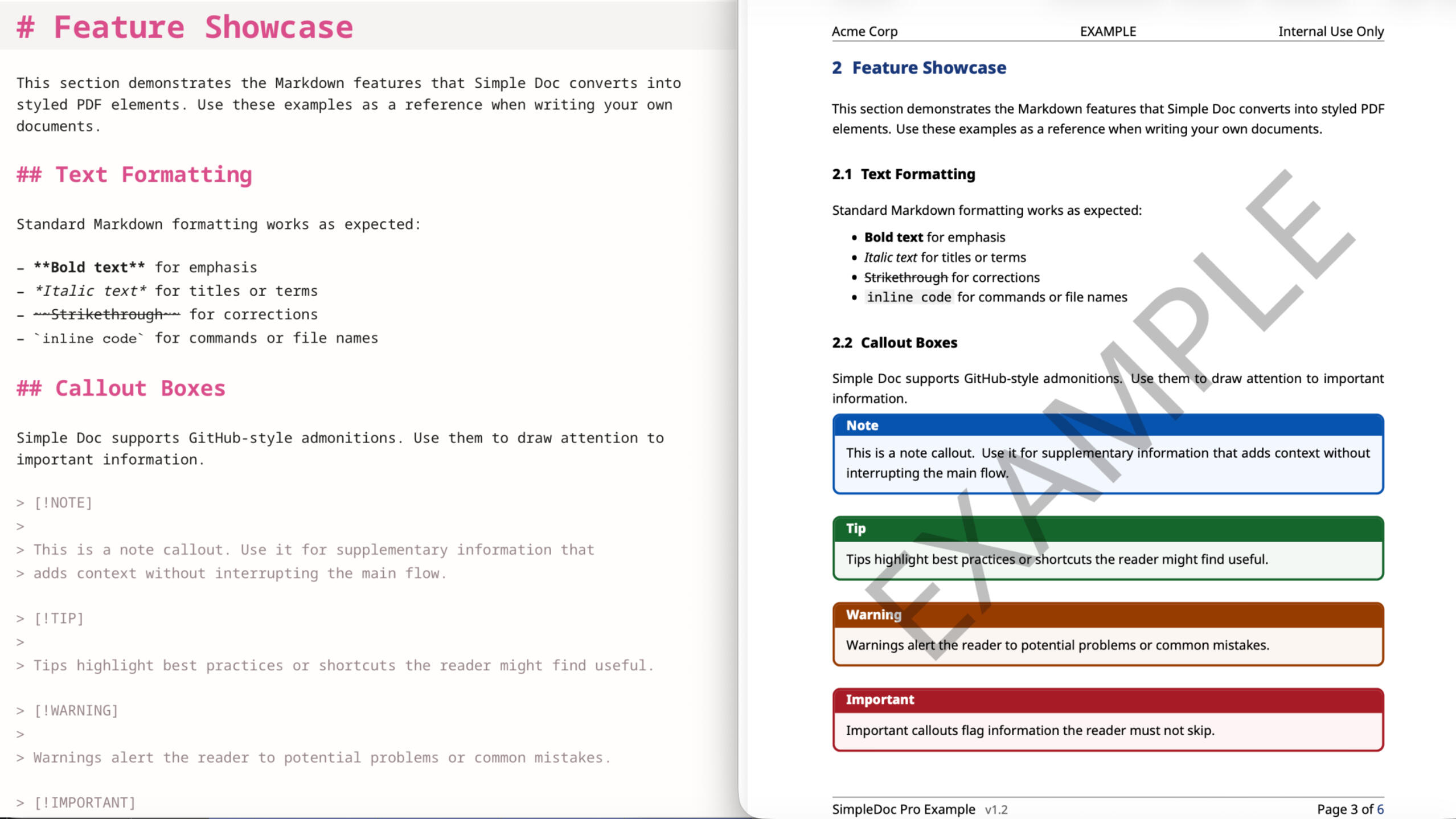 Side by side comparison showing raw Markdown on the left and the styled output on the right.